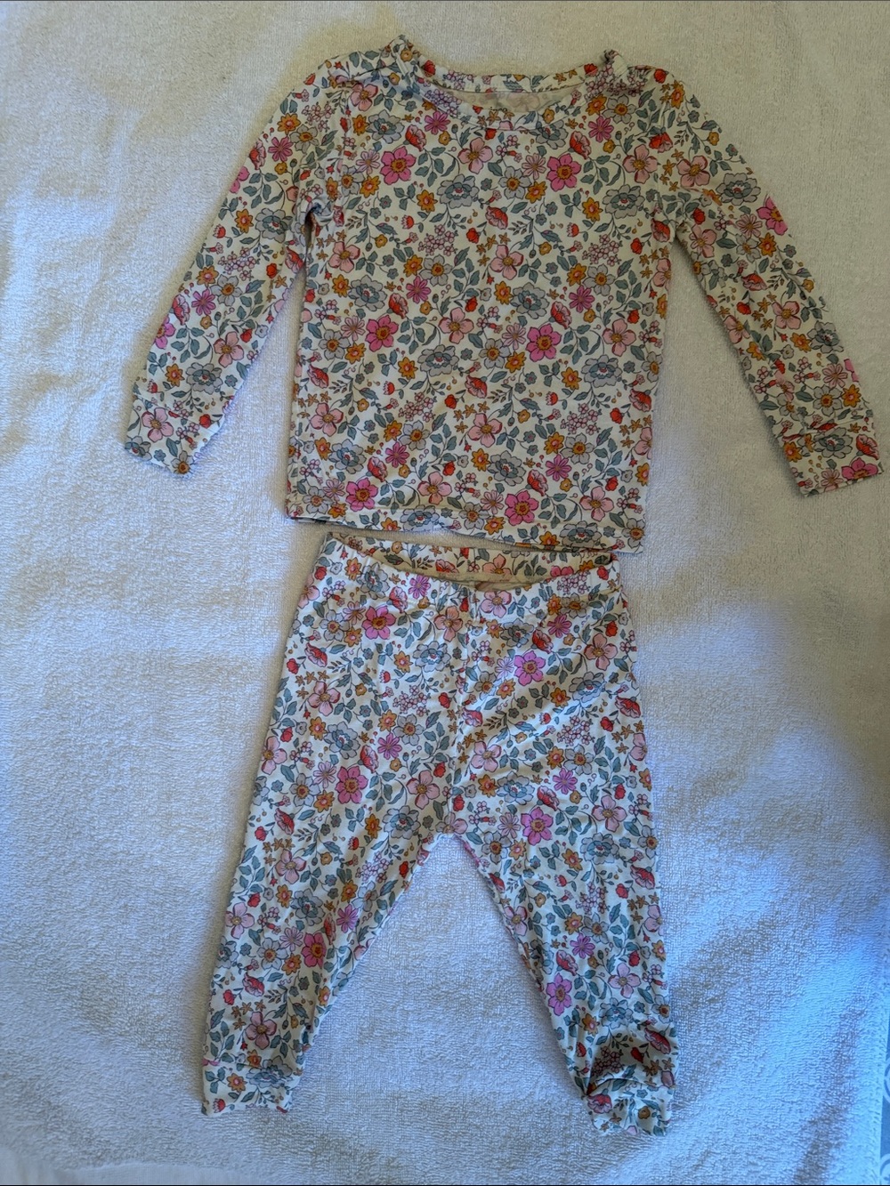 Quince Kids Floral Long Sleeve Pajama Set - White with Pink & Green Flowers